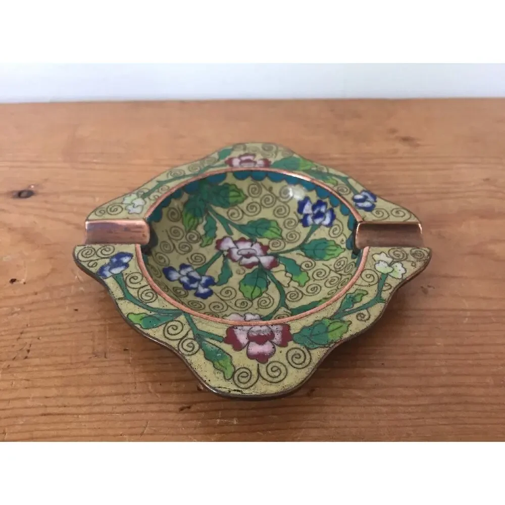Antique Handcrafted Cloisonne Copper Brass Chinese Floral Yellow Ashtray Dish
